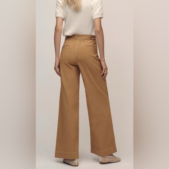 Anthropologie Maeve Linen Cotton Contrast Stitch High-Rise Wide-Leg Pants 2 - Picture 5 of 14